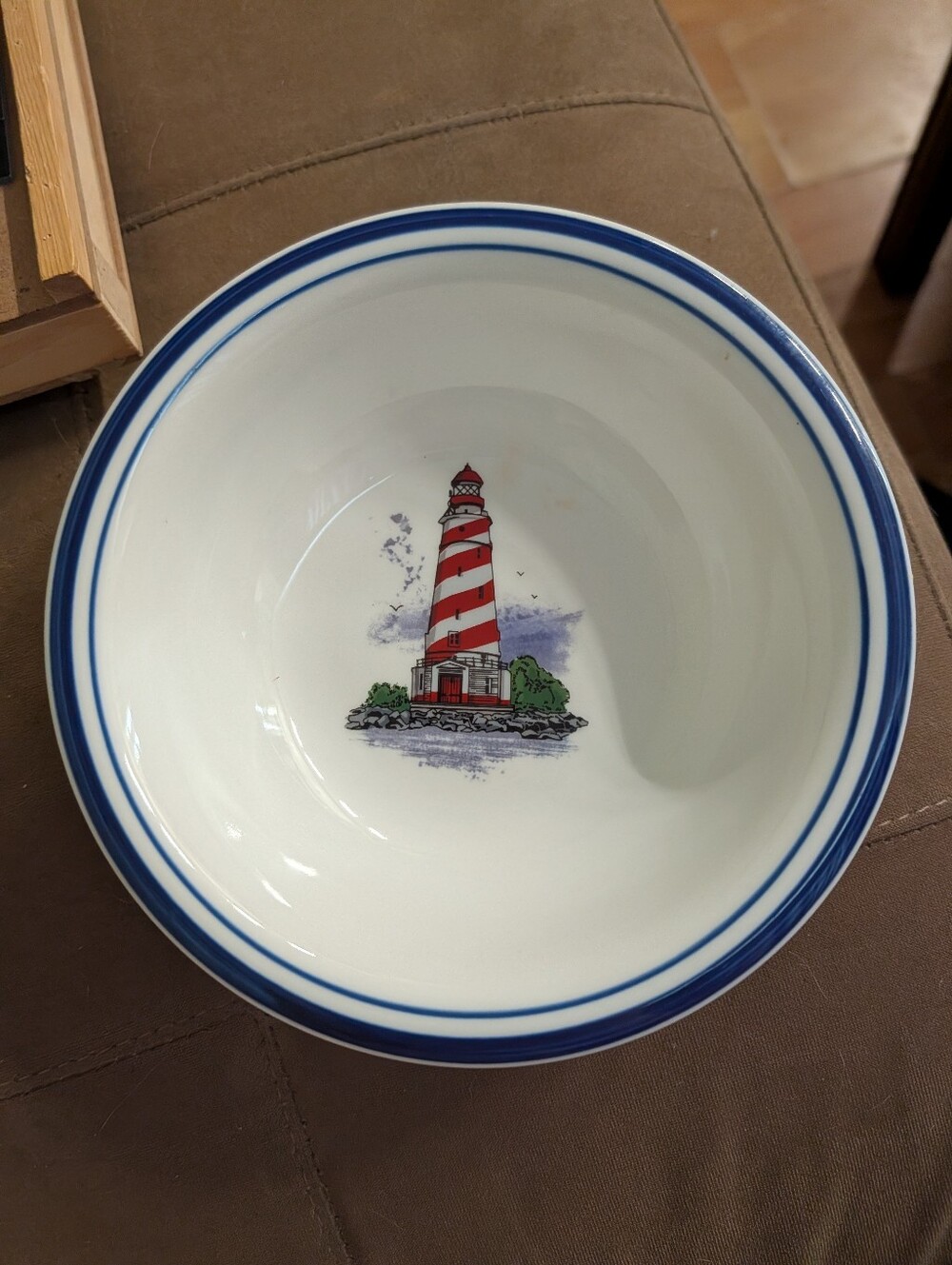 Libbey White Serving Bowl with Blue Rim and Red Lighthouse Motif